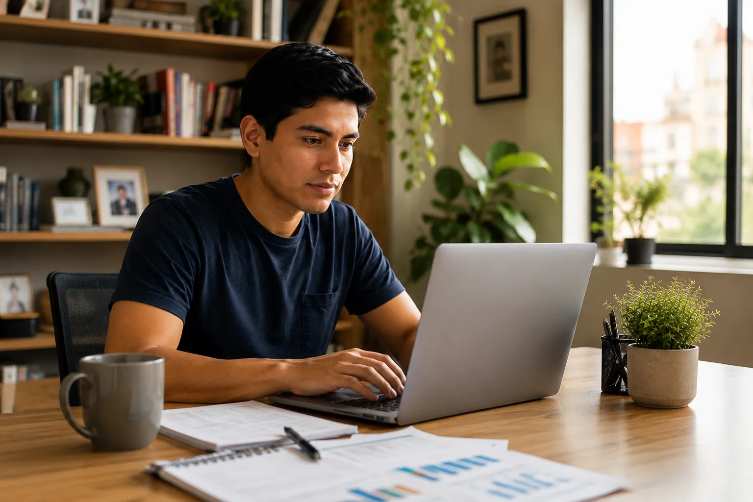 Joven consultando información desde una computadora.