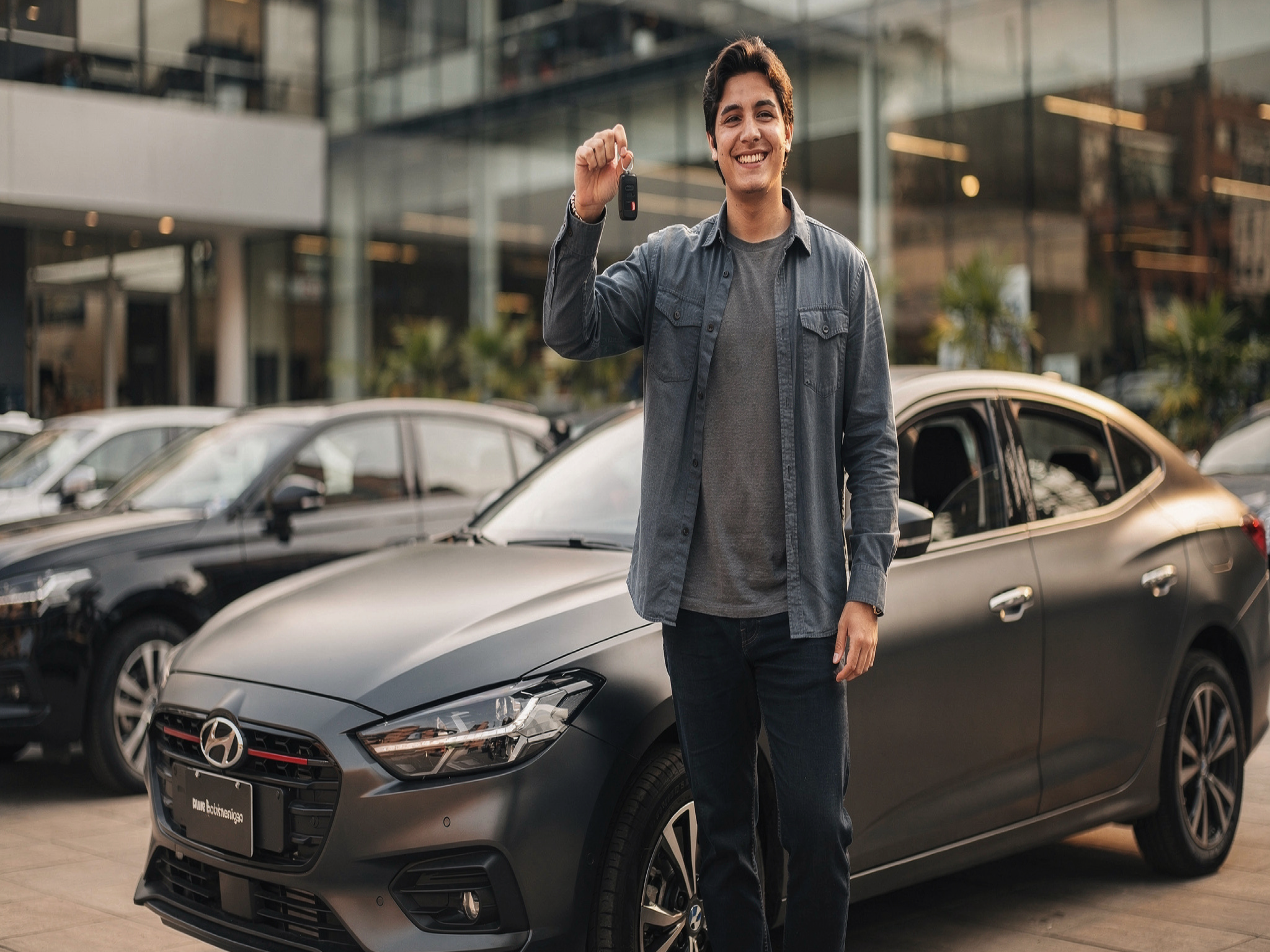 Cliente feliz mostrando la llave de su nuevo auto.