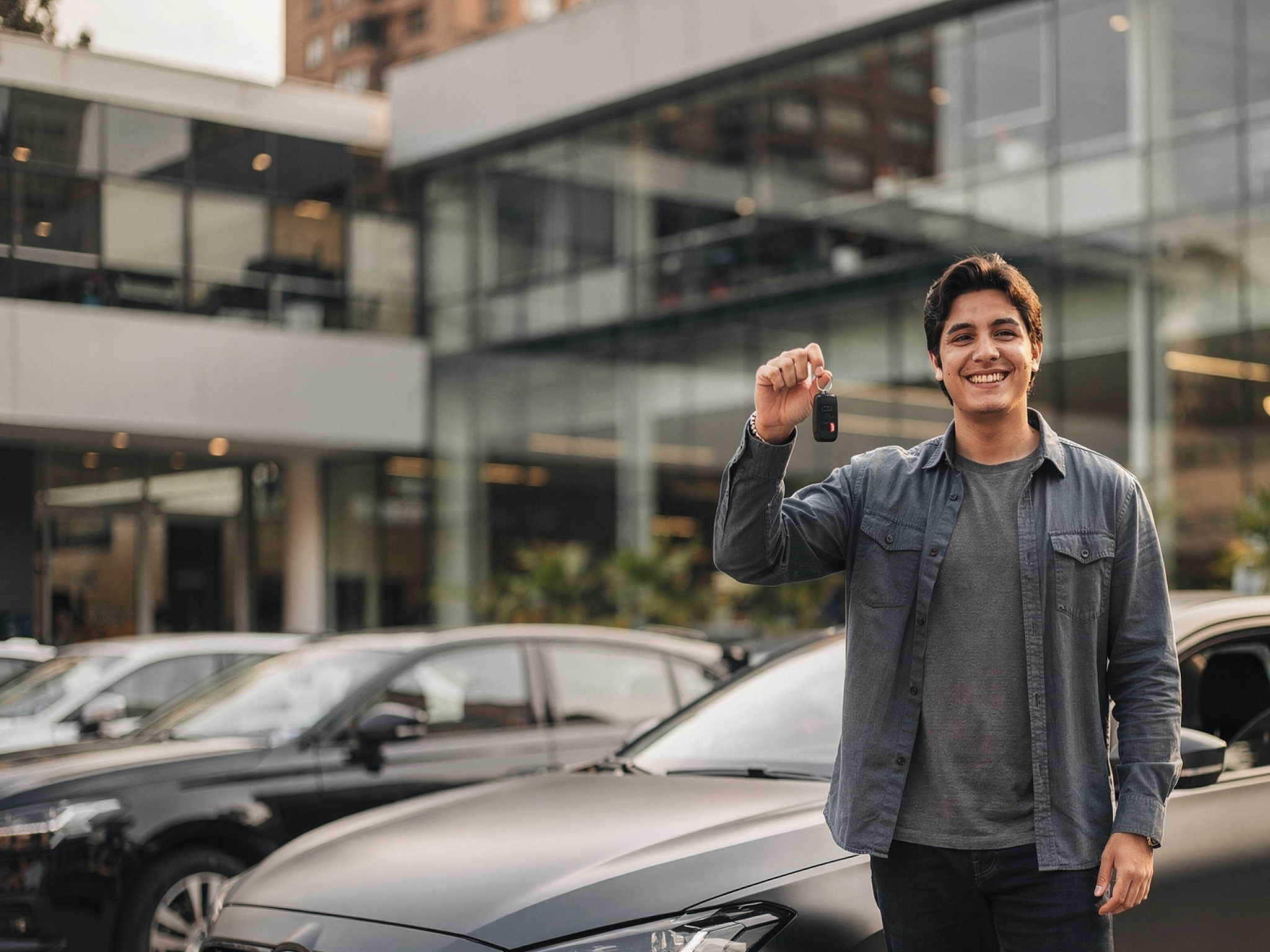Cliente feliz mostrando la llave de su nuevo auto.